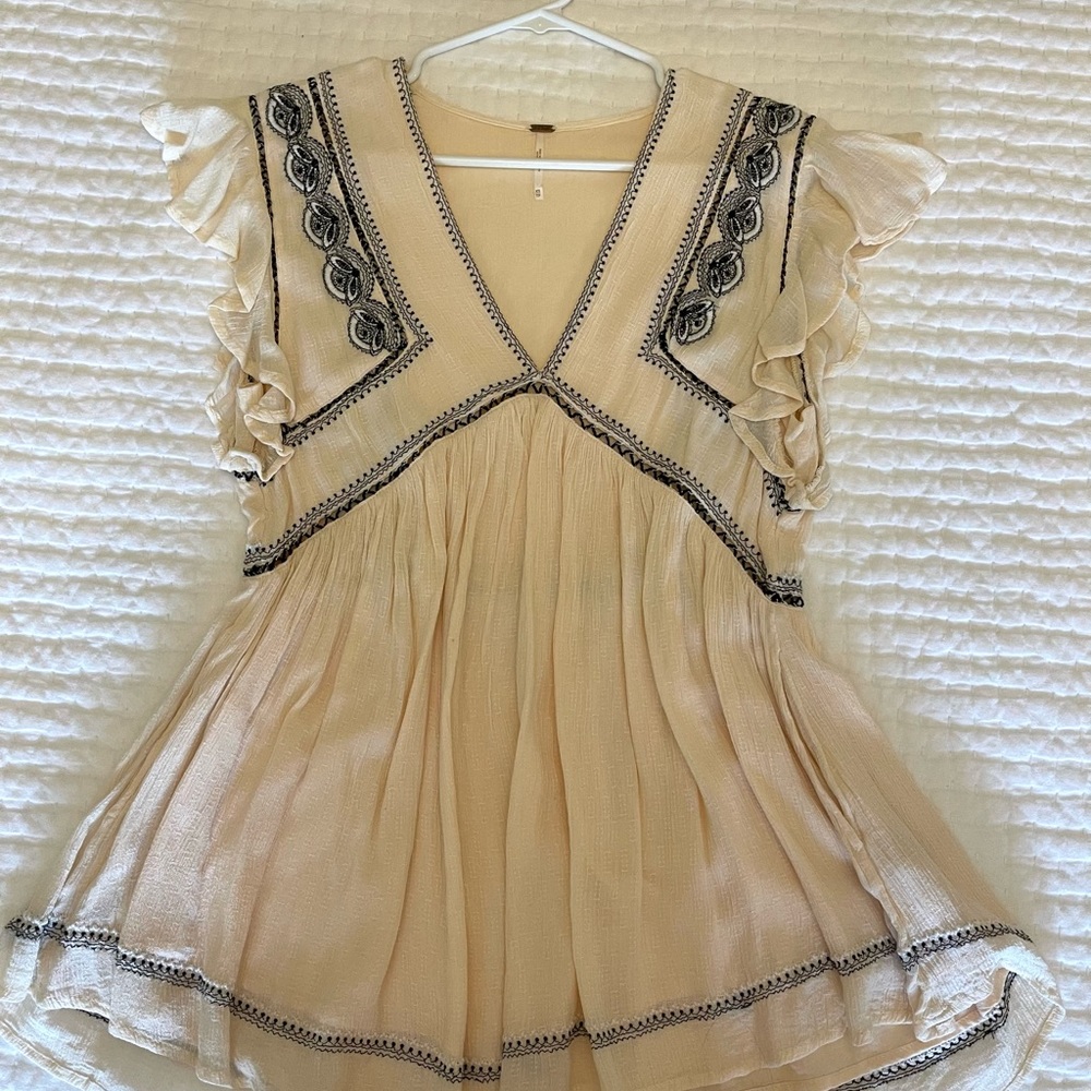 Free People Cream and Black Embroidered Blouse